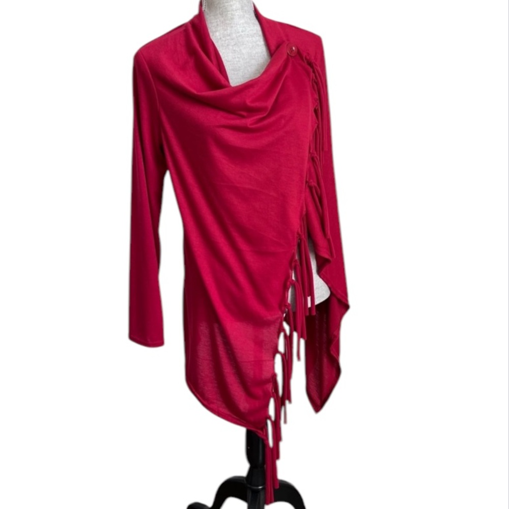 Pat Pat Draped Fringe Tassel Wrap Shawl Long Sleeve Cotton Top Red Medium